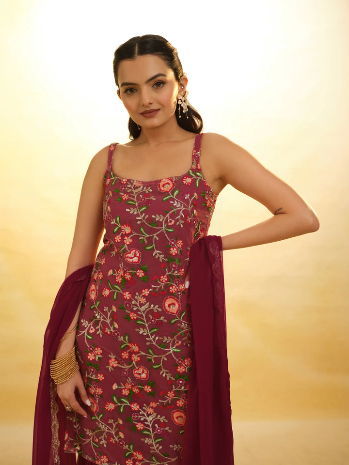 Cherry Red Georgette Salwar Suit With Dupatta - qivii