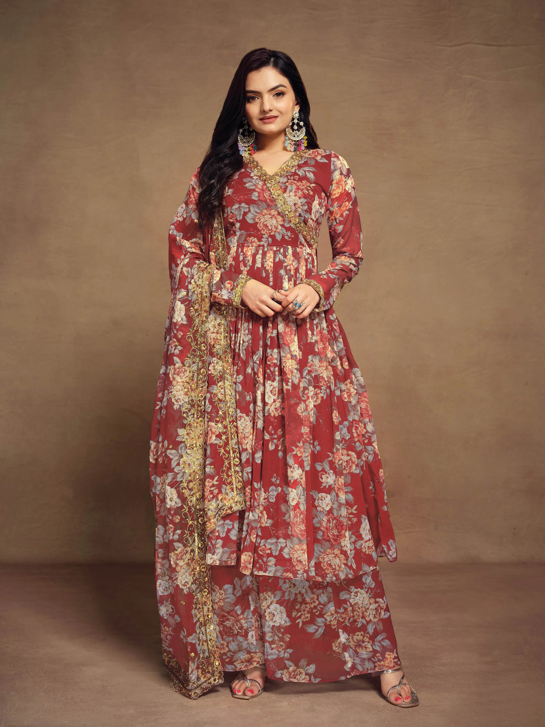 Cherry Red Chiffon Printed Salwar Suit With Dupatta - qivii