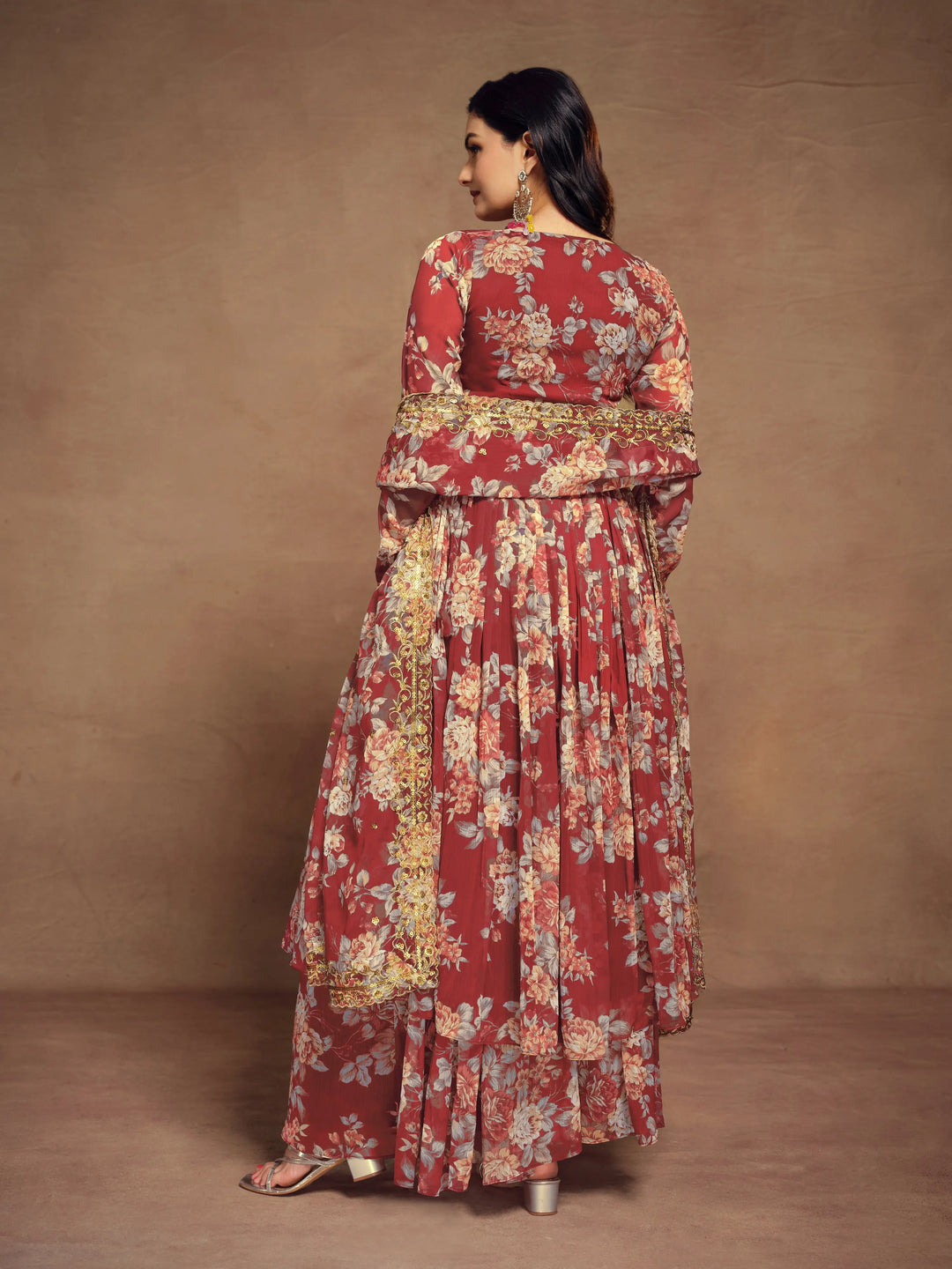 Cherry Red Chiffon Printed Salwar Suit With Dupatta - qivii