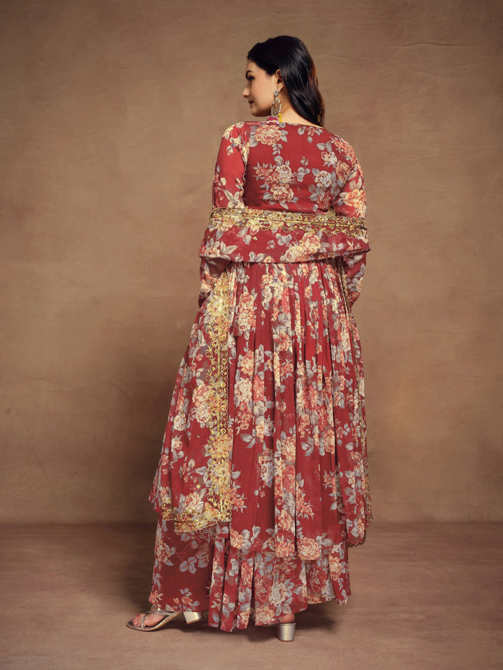 Cherry Red Chiffon Printed Salwar Suit With Dupatta - qivii