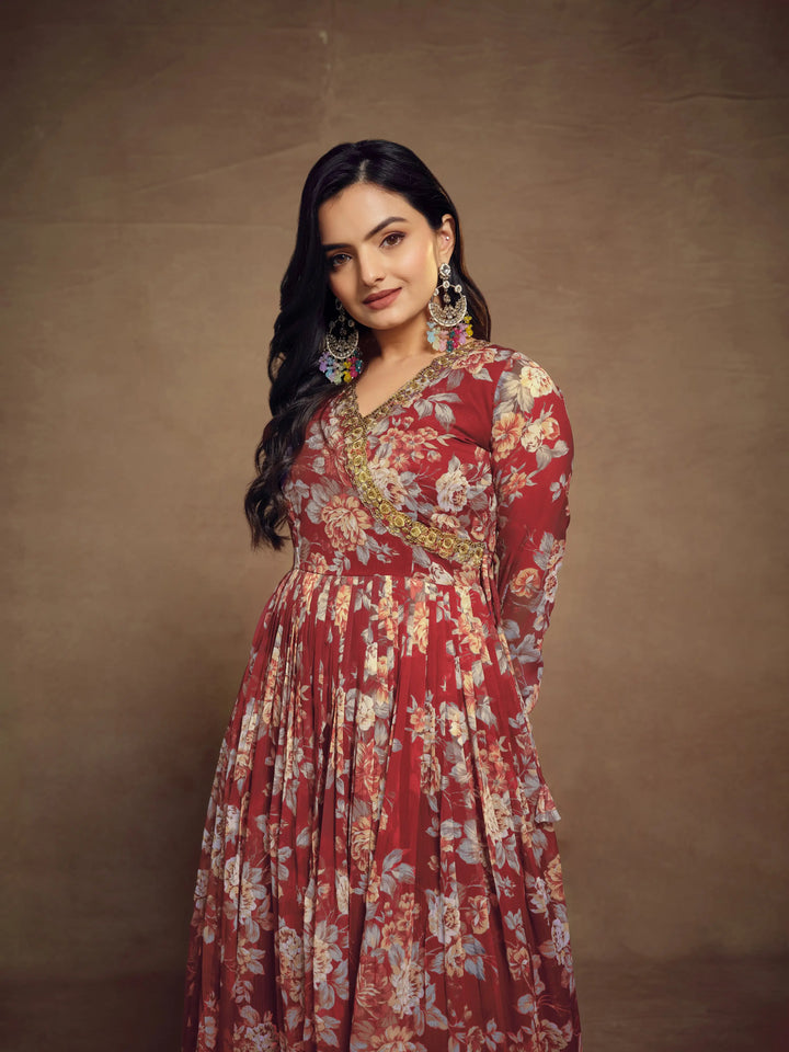 Cherry Red Chiffon Printed Salwar Suit With Dupatta - qivii