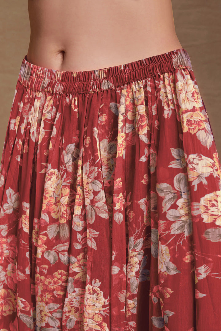 Cherry Red Chiffon Printed Salwar Suit With Dupatta - qivii