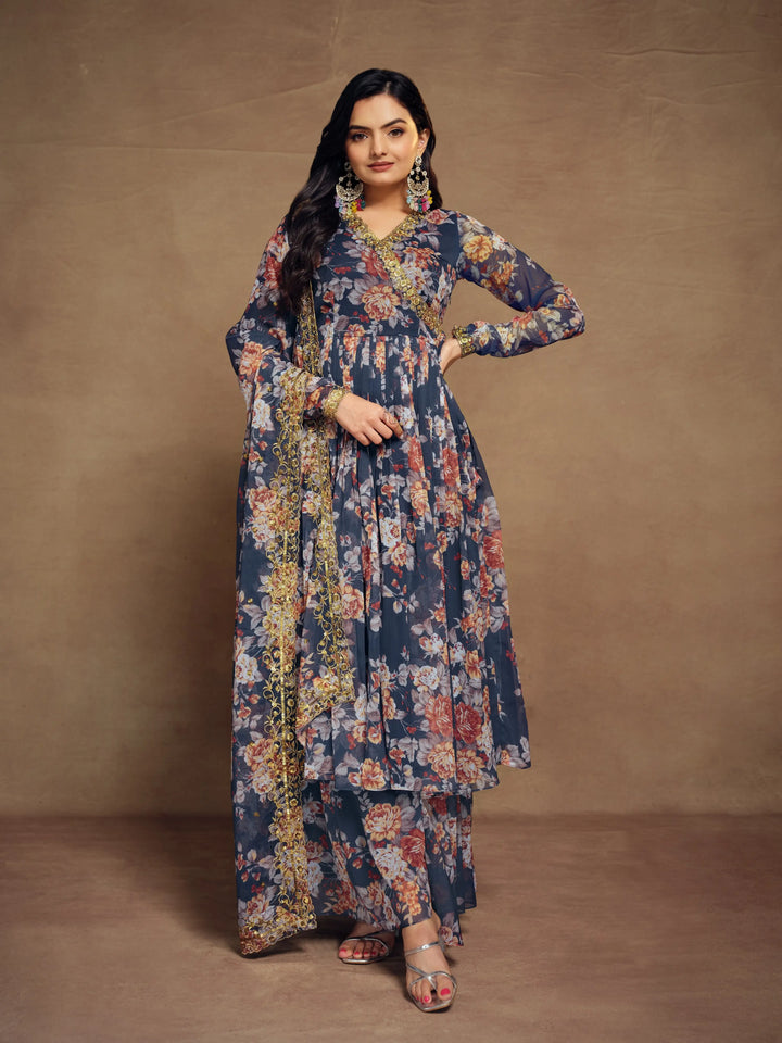 Navy Blue Chiffon Printed Salwar Suit With Dupatta - qivii