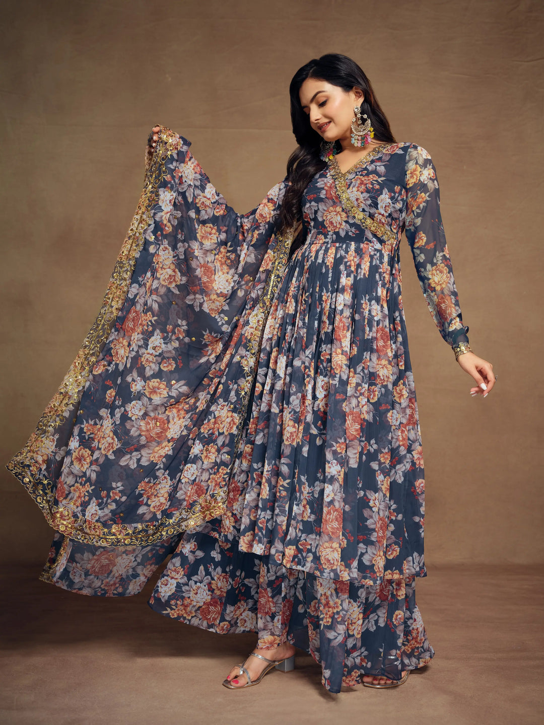 Navy Blue Chiffon Printed Salwar Suit With Dupatta - qivii