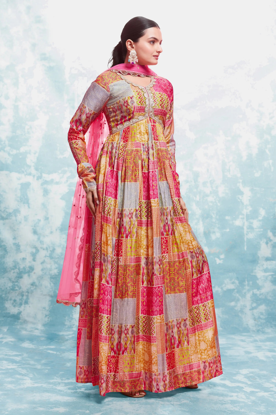 Pink And Yellow Printed Gown With Dupatta - qivii