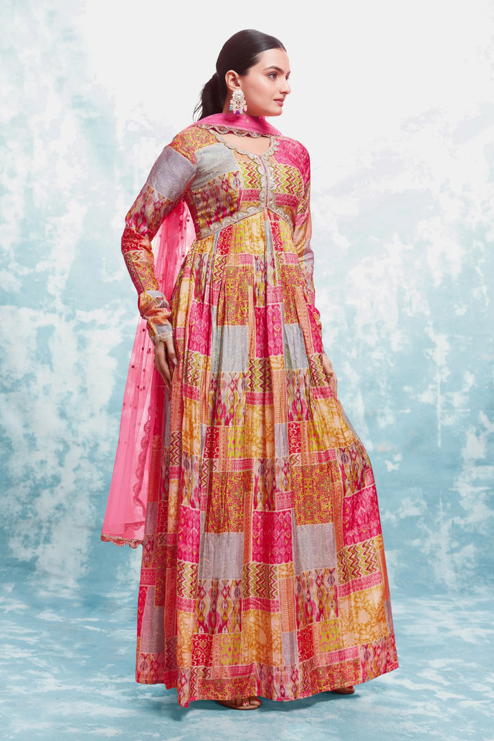 Pink And Yellow Printed Gown With Dupatta - qivii