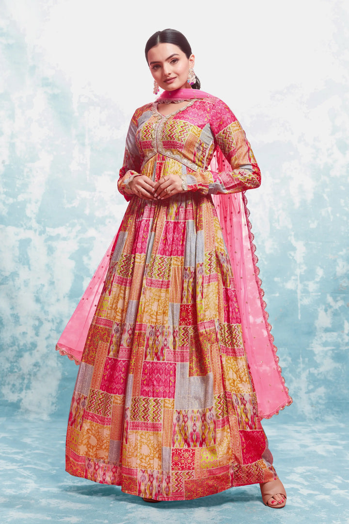 Pink And Yellow Printed Gown With Dupatta - qivii