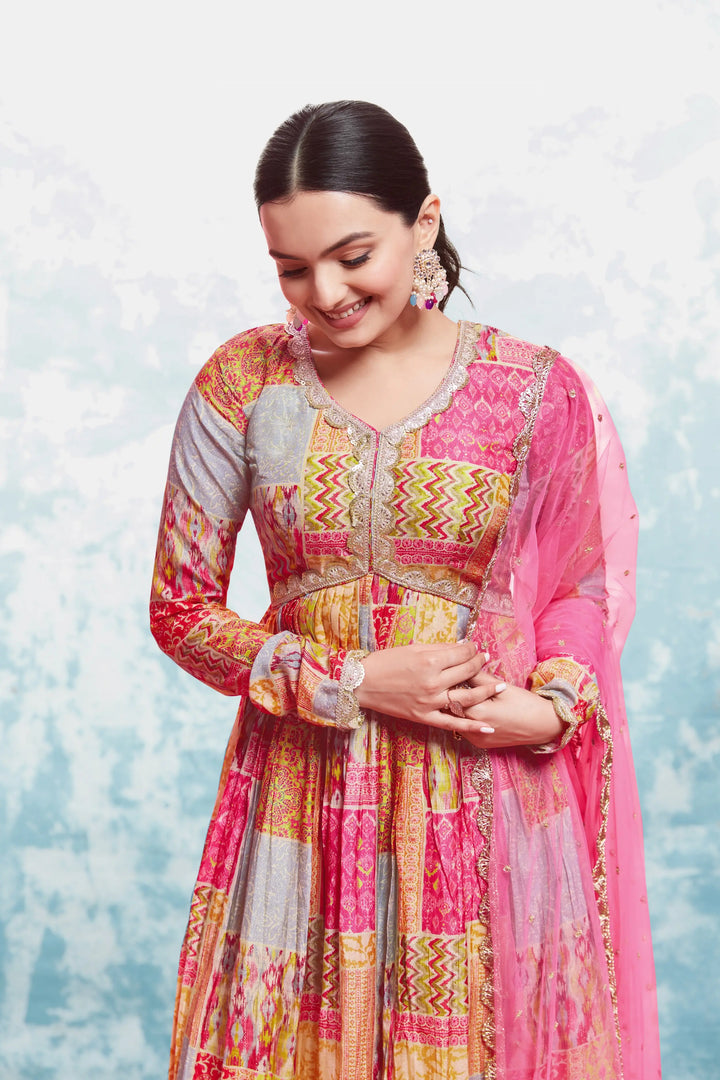 Pink And Yellow Printed Gown With Dupatta - qivii