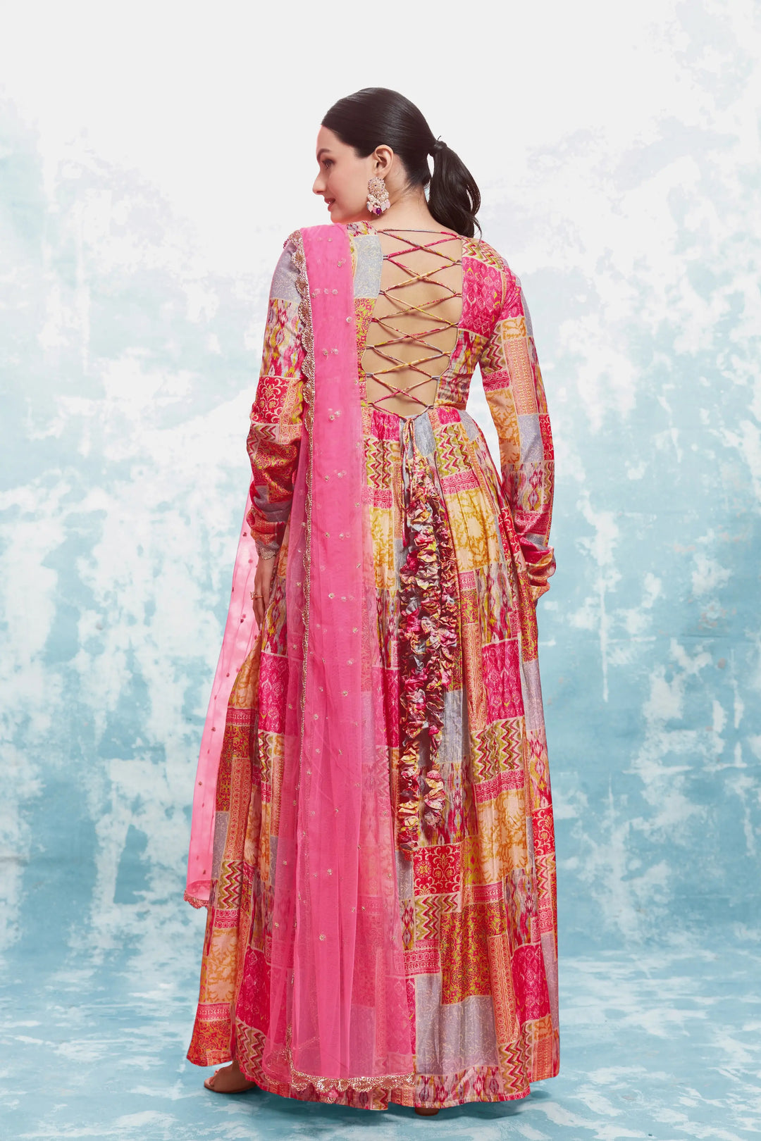 Pink And Yellow Printed Gown With Dupatta - qivii