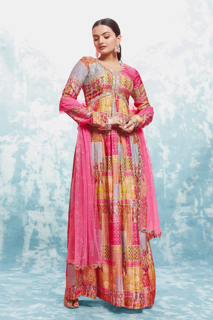 Pink And Yellow Printed Gown With Dupatta - qivii