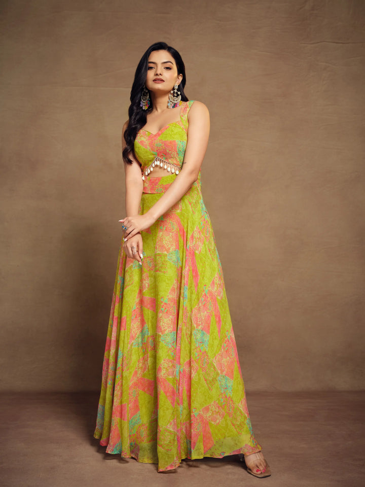 Lemon Yellow Printed Georgette Gown With Tassels - qivii
