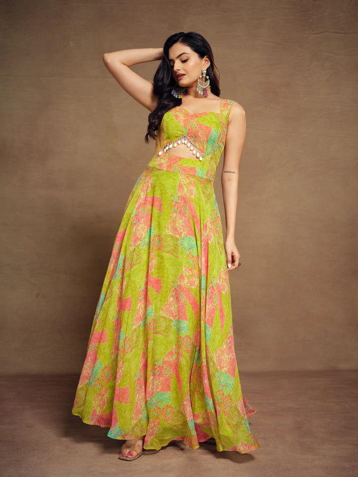 Lemon Yellow Printed Georgette Gown With Tassels - qivii