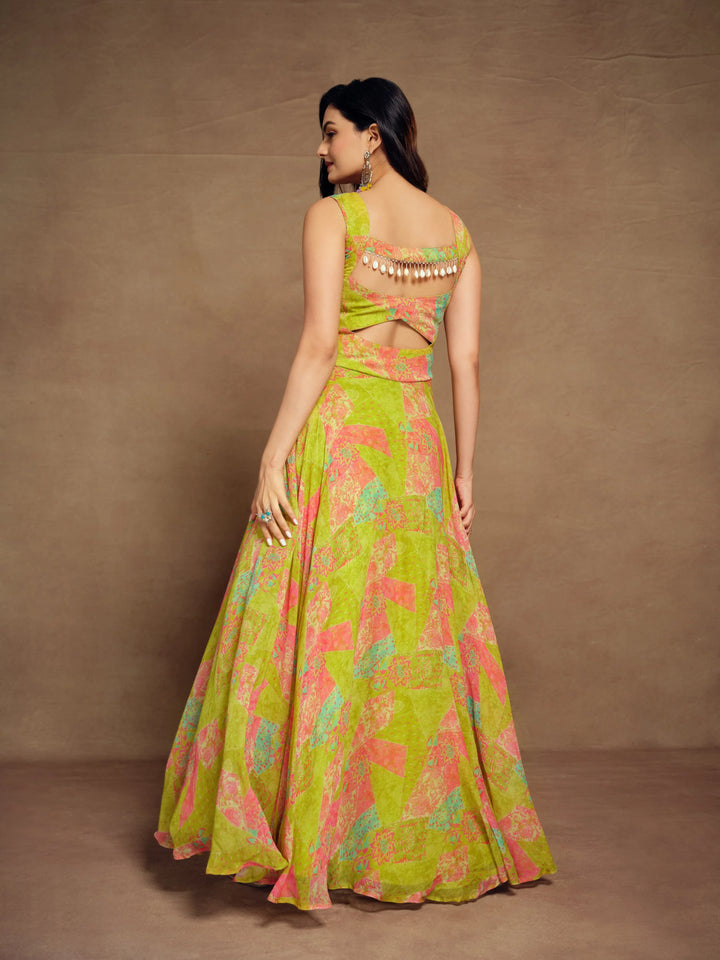 Lemon Yellow Printed Georgette Gown With Tassels - qivii