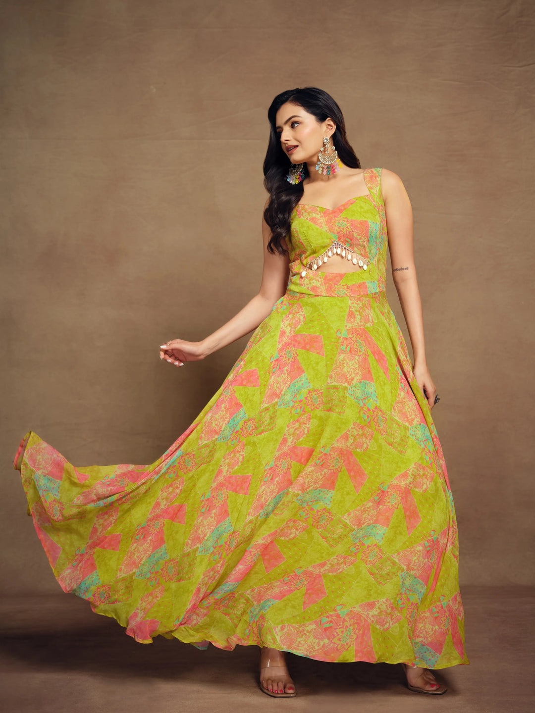 Lemon Yellow Printed Georgette Gown With Tassels - qivii