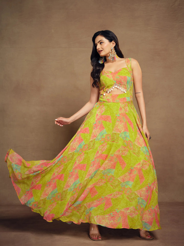 Lemon Yellow Printed Georgette Gown With Tassels - qivii
