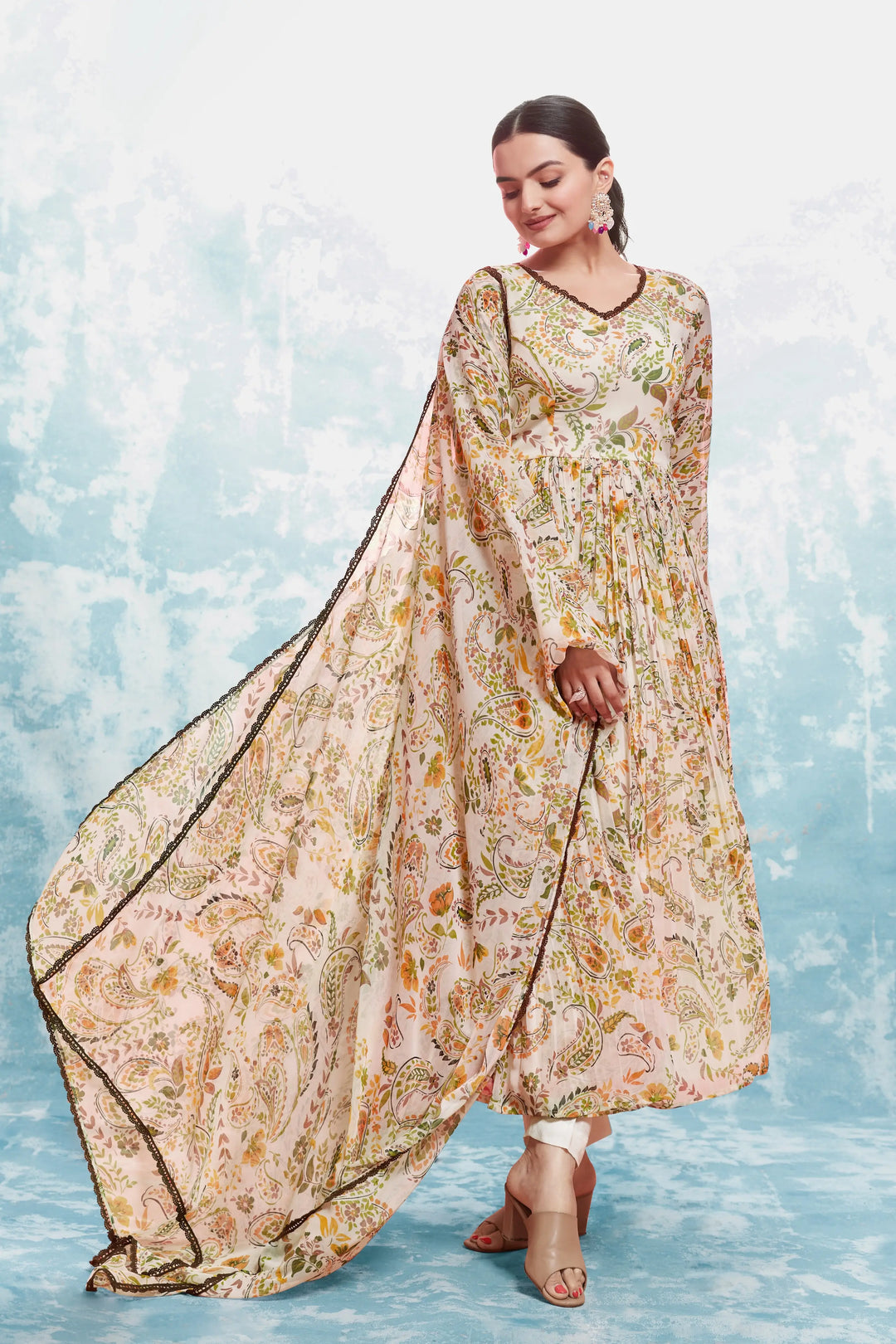 Beige Floral Printed Salwar Suit With Dupatta - qivii