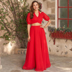 Stylish Beautifully Designed Red Georgette Indo Western Lehenga Set