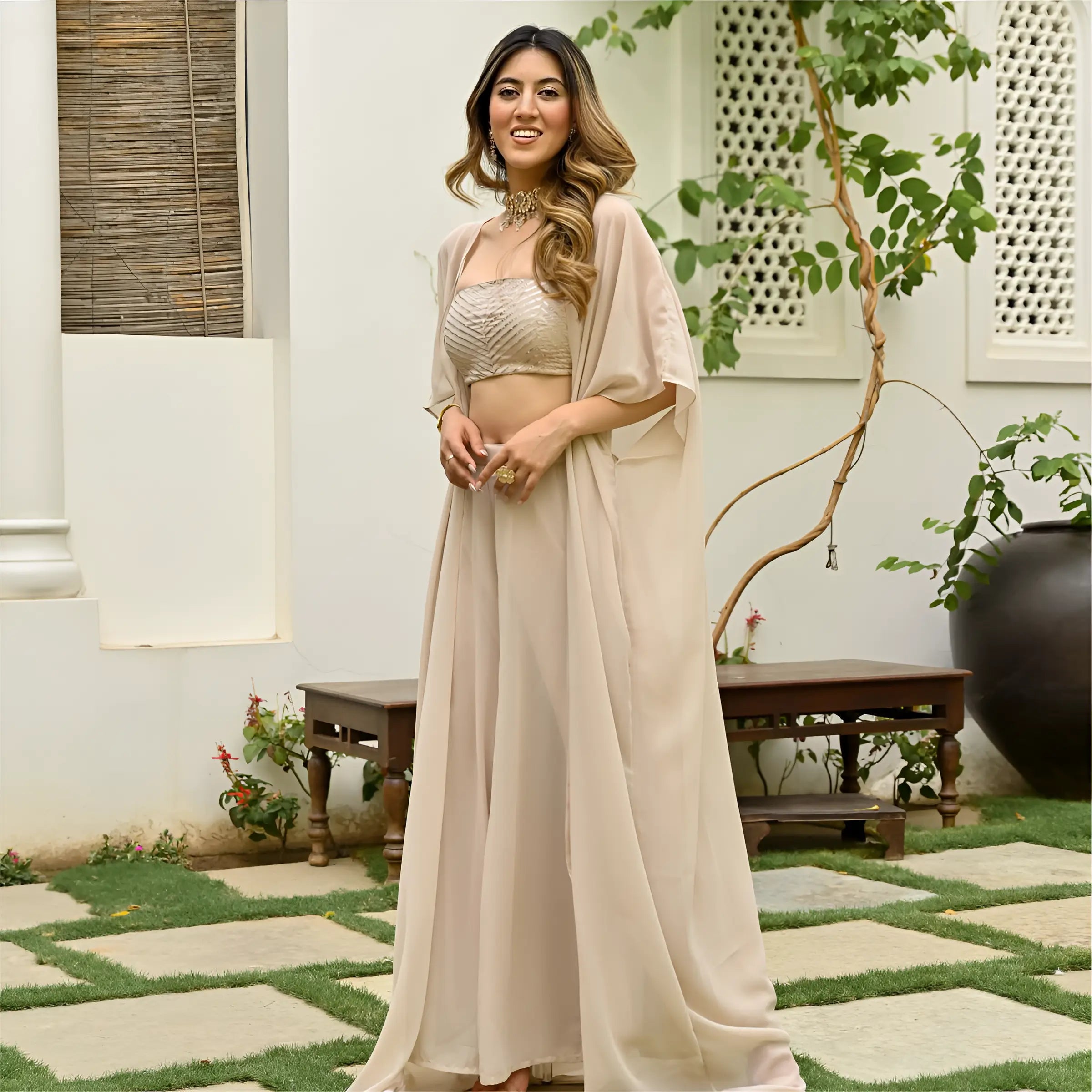 Beige Georgette Stylish Indo Western Co-Ord Set With Long Shrug
