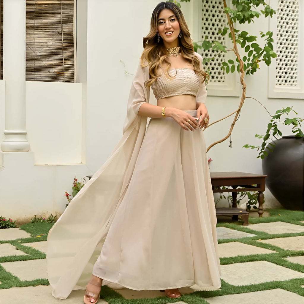 Beige Georgette Stylish Indo Western Co-Ord Set With Long Shrug