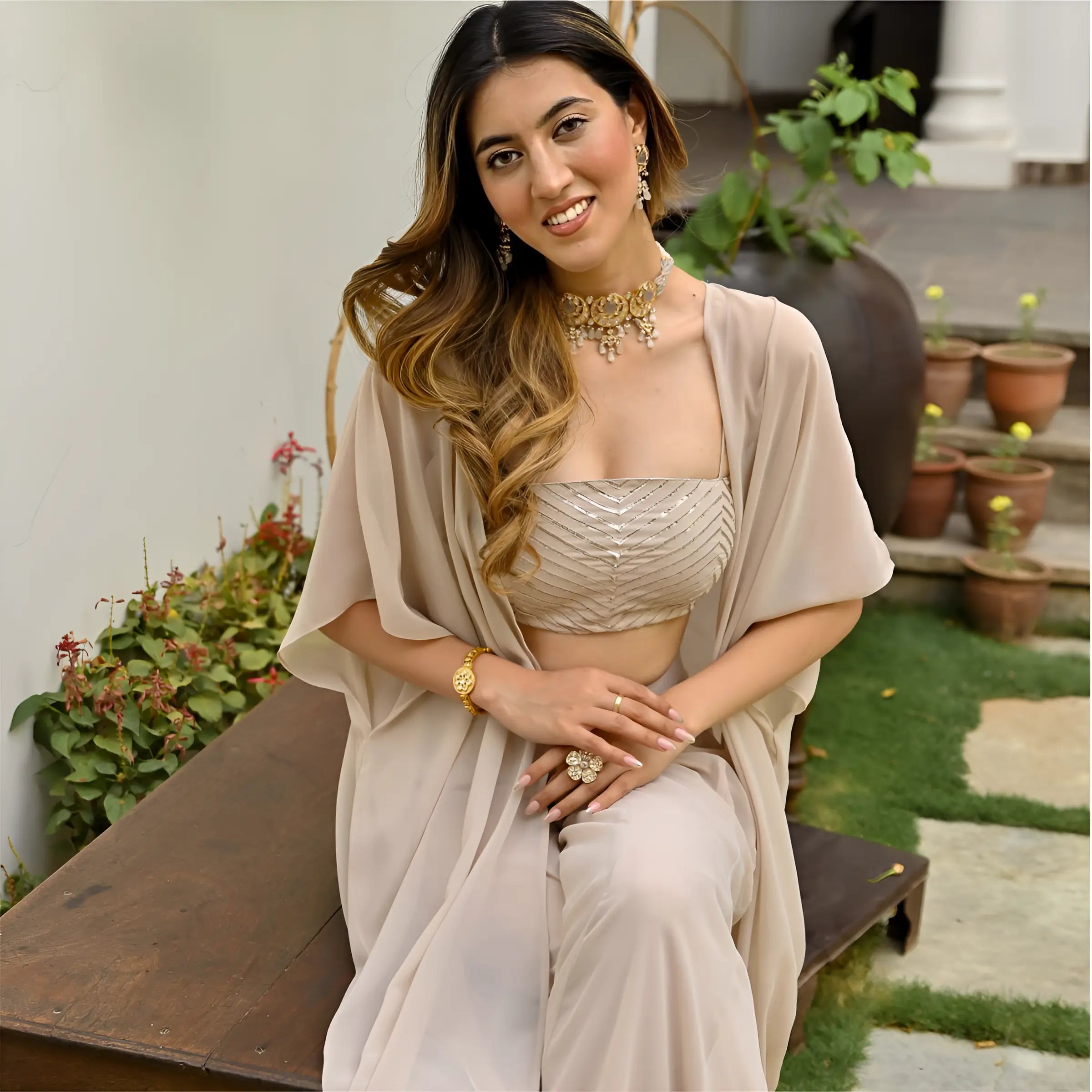 Beige Georgette Stylish Indo Western Co-Ord Set With Long Shrug