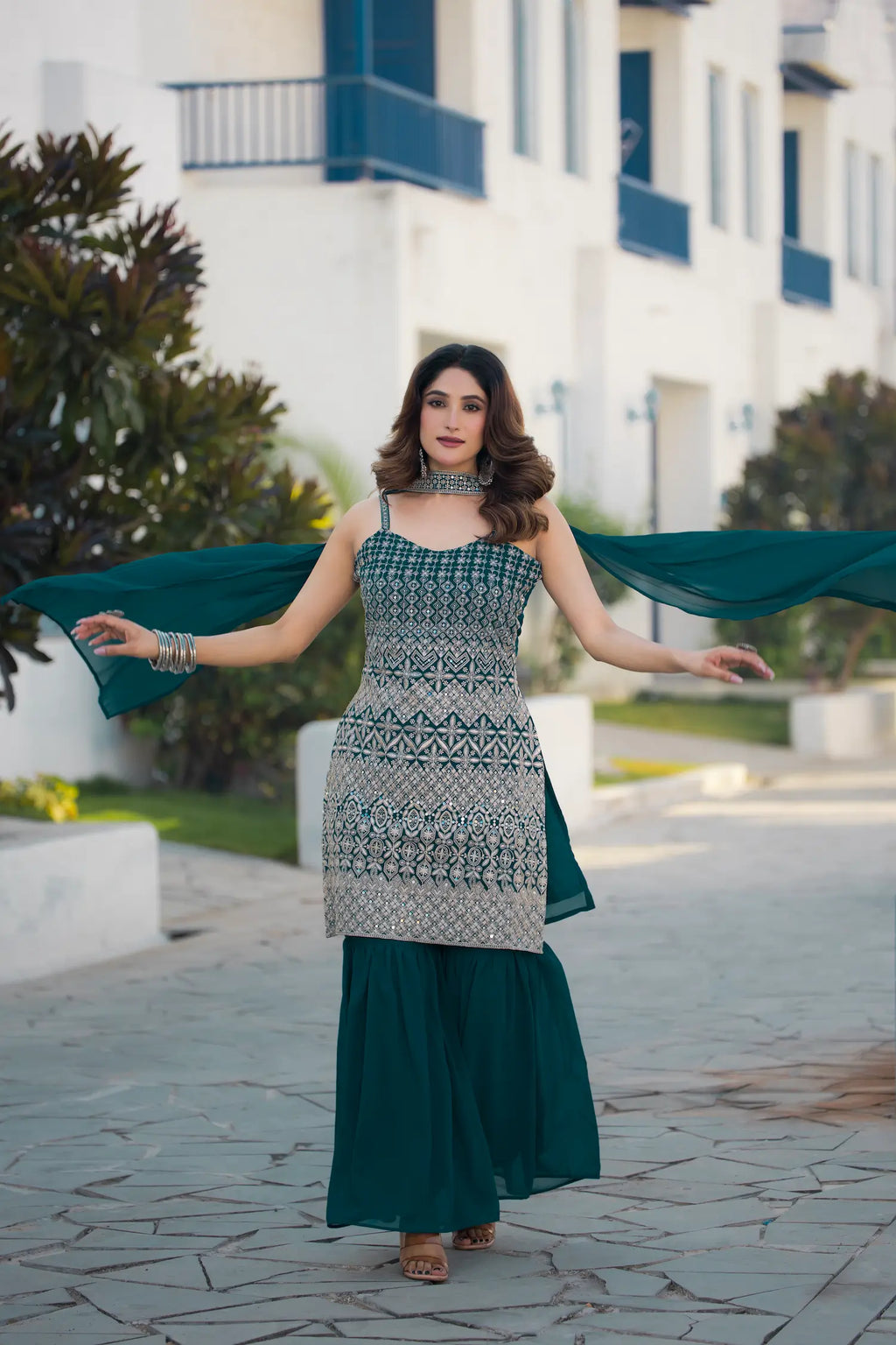 Teal Blue Georgette Sequence Embroidery Work Salwar Suit