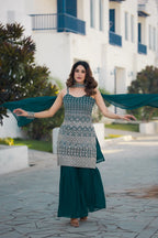 Teal Blue Georgette Sequence Embroidery Work Salwar Suit