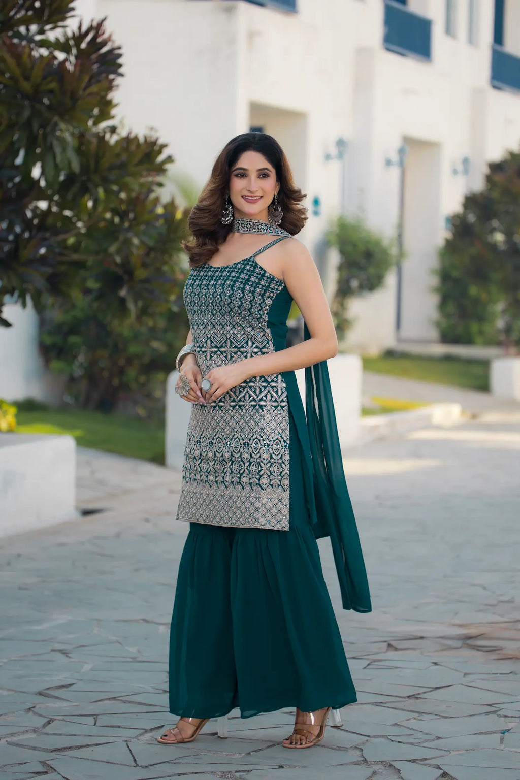 Teal Blue Georgette Sequence Embroidery Work Salwar Suit