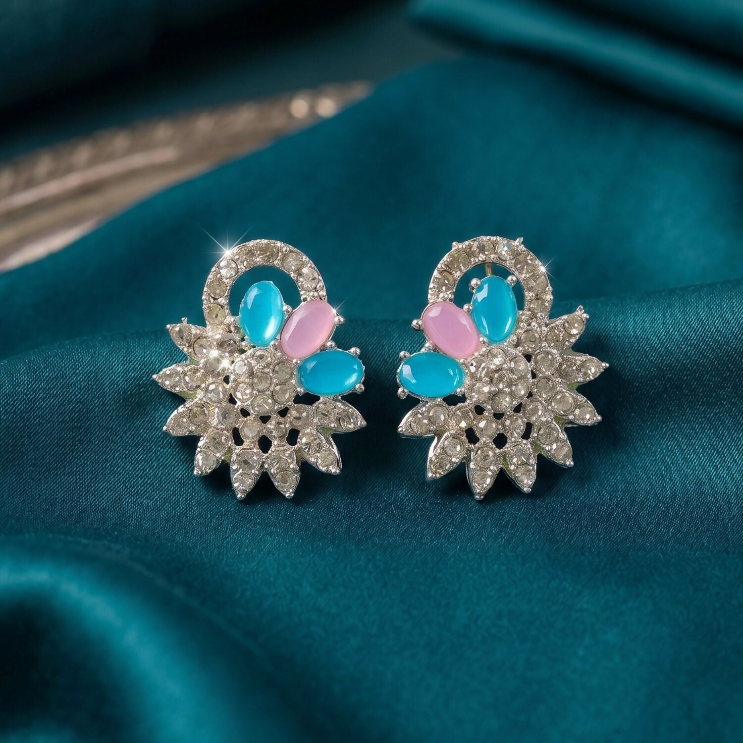 Beautiful Blue and Pink Floral Necklace Set with Matching Earrings for Festive Events