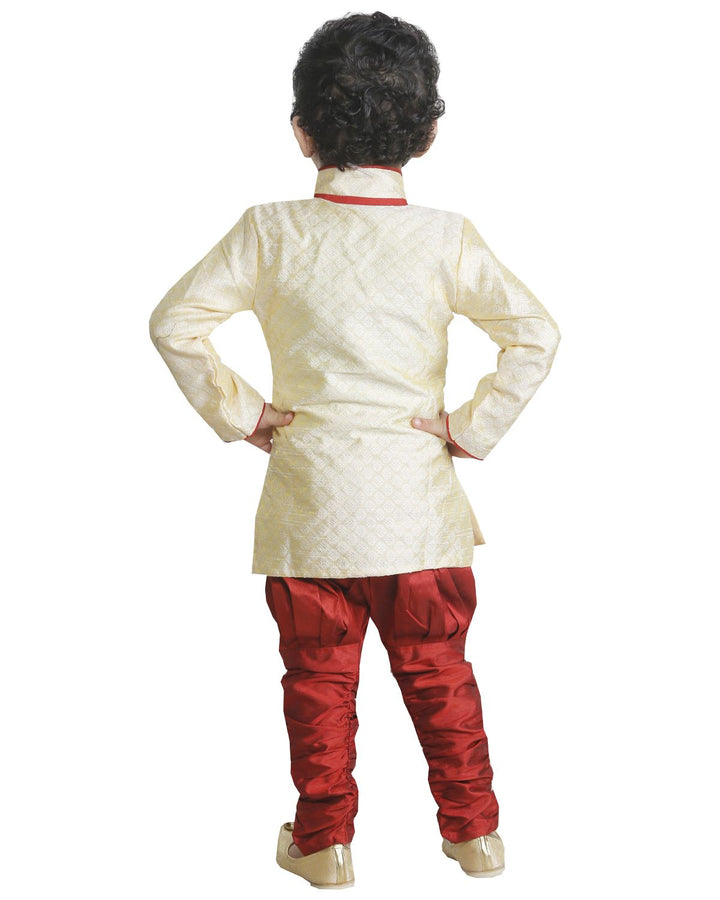 Vastramay Boys' Beige Cotton Silk Kurta and Breedges Set - qivii