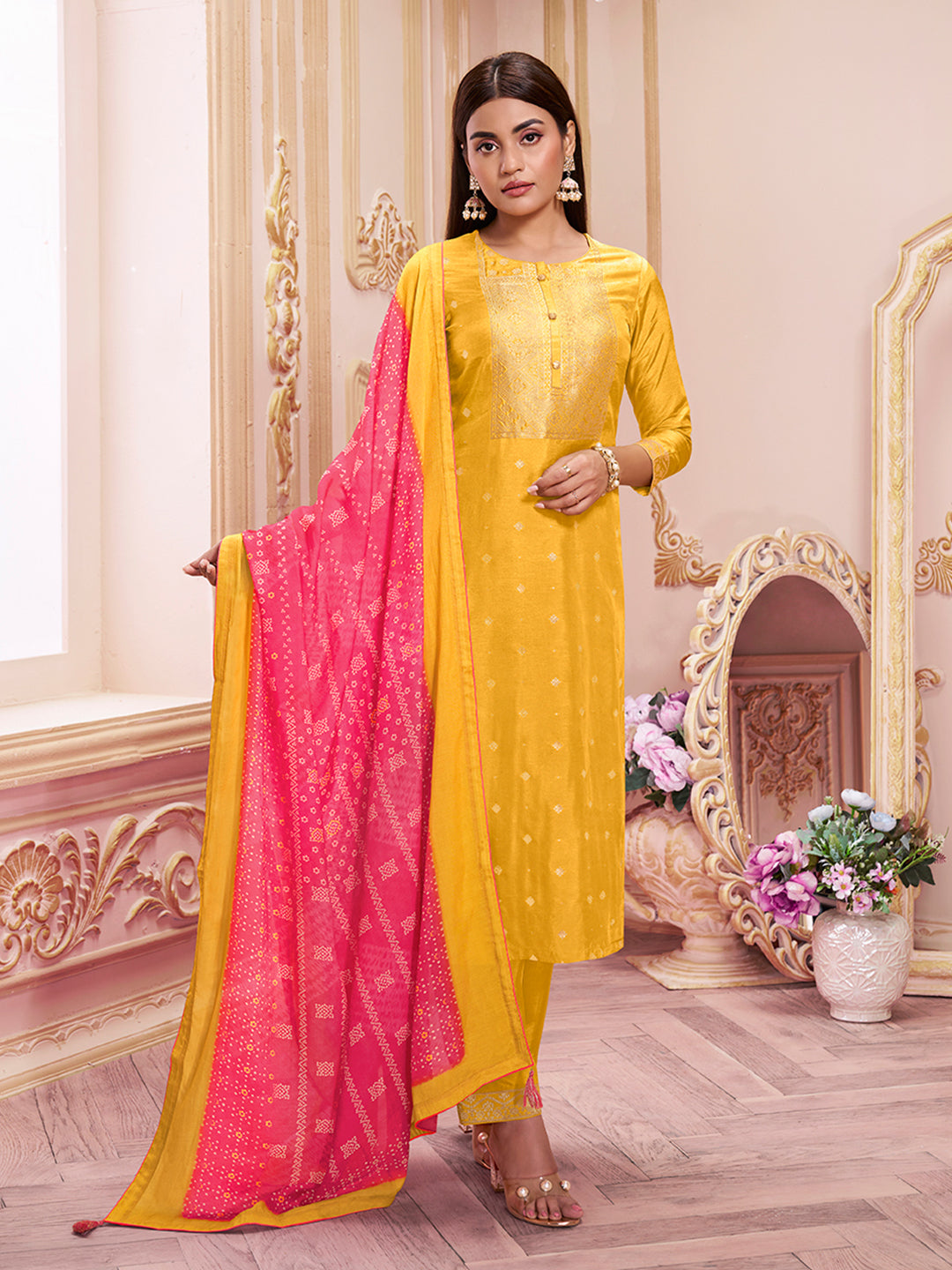 Yellow Jacquard Kurta Suit Set - qivii