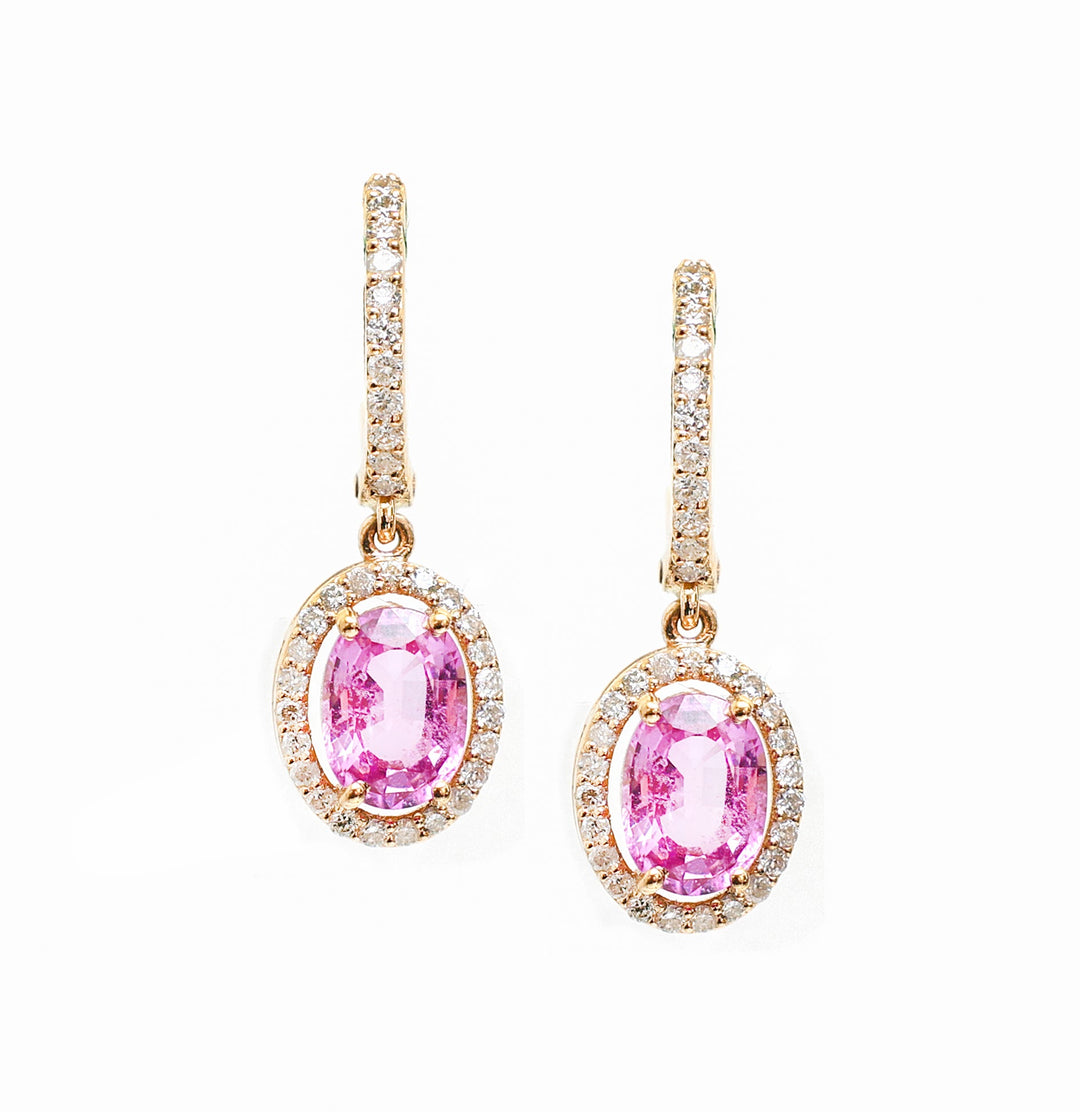 Pink Sapphire Oval Diamond Halo Drop Earrings - qivii