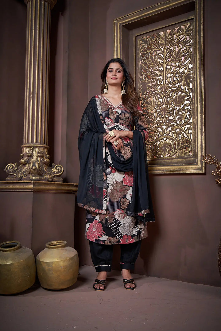 Black  Floral Print Handwork Kurta Set with Pant & Dupatta - qivii