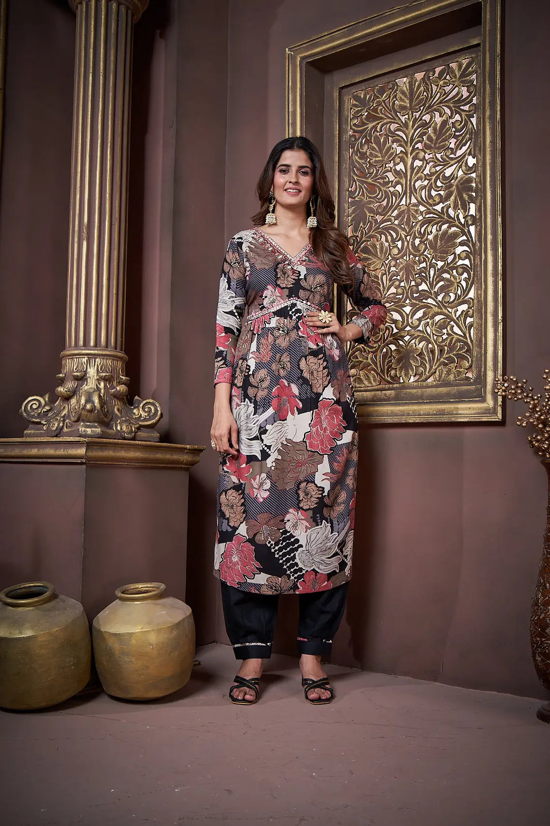 Black  Floral Print Handwork Kurta Set with Pant & Dupatta - qivii