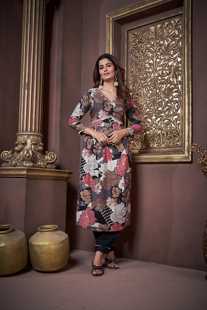 Black  Floral Print Handwork Kurta Set with Pant & Dupatta - qivii