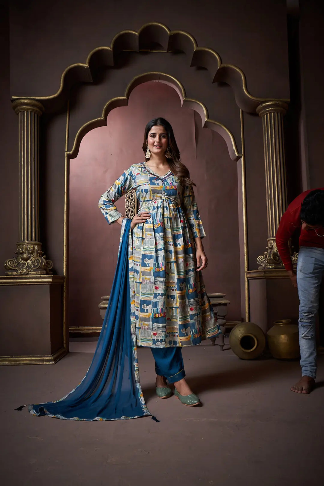 Indigo Blue Handwork Kurta Set with Pant & Dupatta - qivii