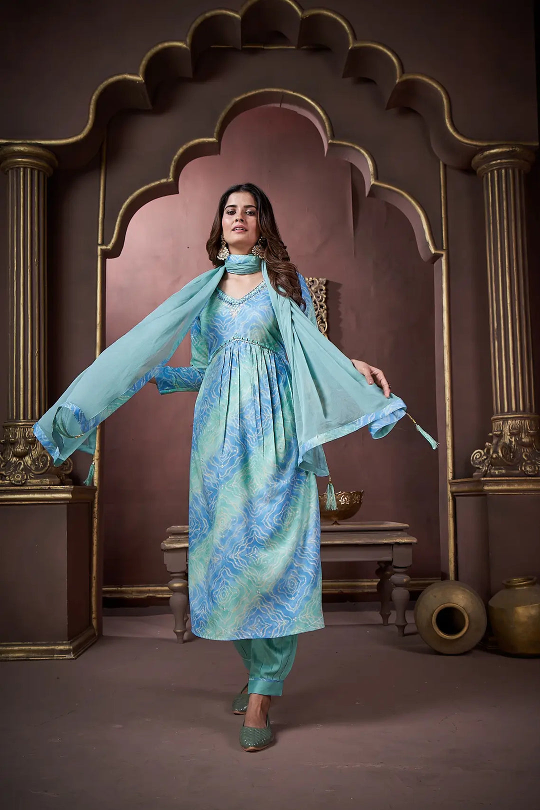 Ocean Blue Handwork Kurta Set with Pant & Dupatta - qivii