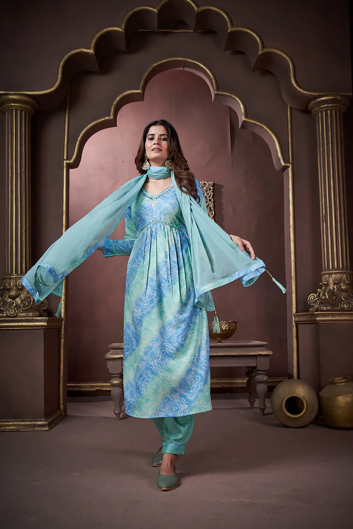 Ocean Blue Handwork Kurta Set with Pant & Dupatta - qivii