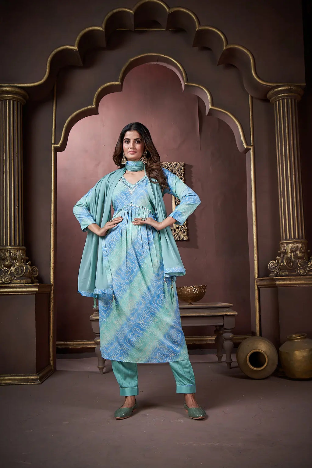 Ocean Blue Handwork Kurta Set with Pant & Dupatta