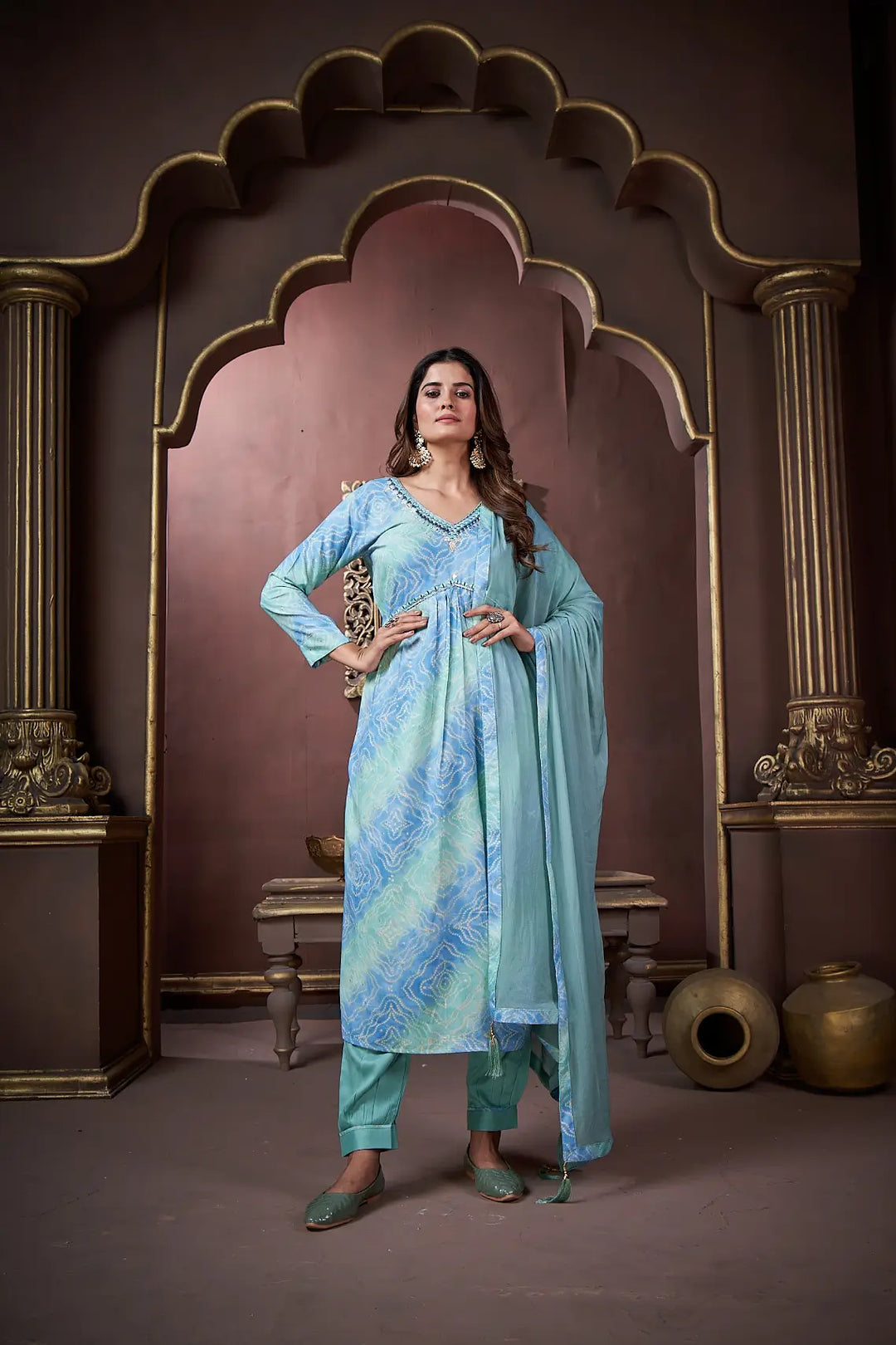 Ocean Blue Handwork Kurta Set with Pant & Dupatta - qivii