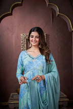 Ocean Blue Handwork Kurta Set with Pant & Dupatta