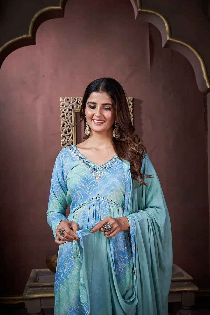 Ocean Blue Handwork Kurta Set with Pant & Dupatta - qivii