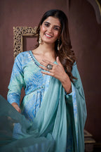 Ocean Blue Handwork Kurta Set with Pant & Dupatta