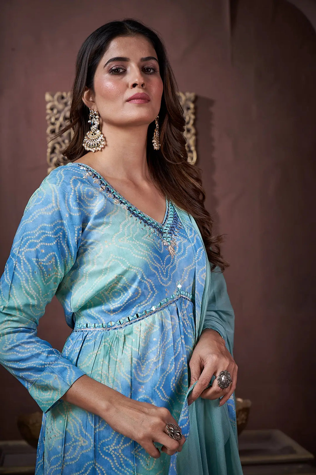 Ocean Blue Handwork Kurta Set with Pant & Dupatta - qivii