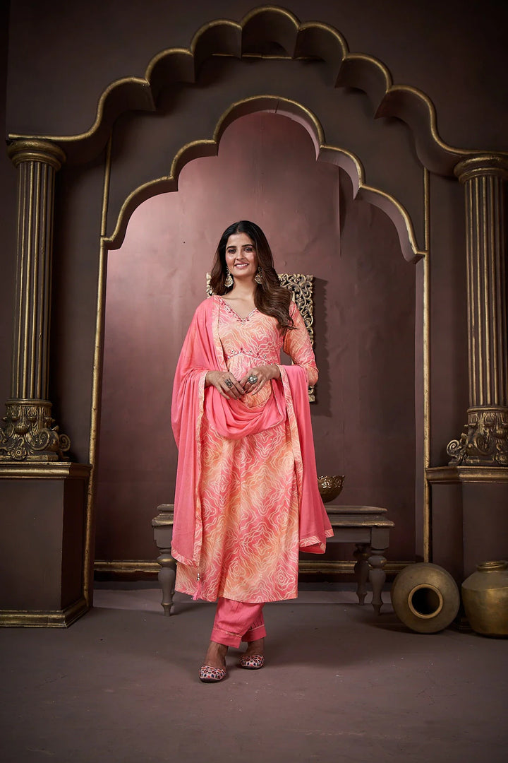 Peach Handwork Kurta Set with Pant & Dupatta - qivii