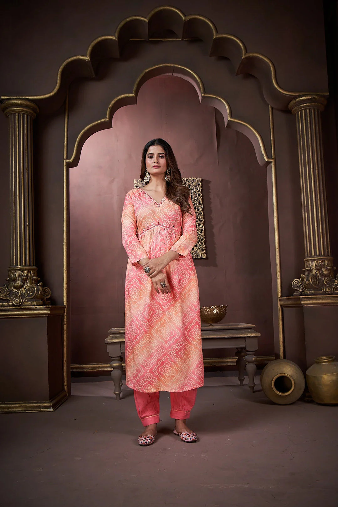 Peach Handwork Kurta Set with Pant & Dupatta - qivii