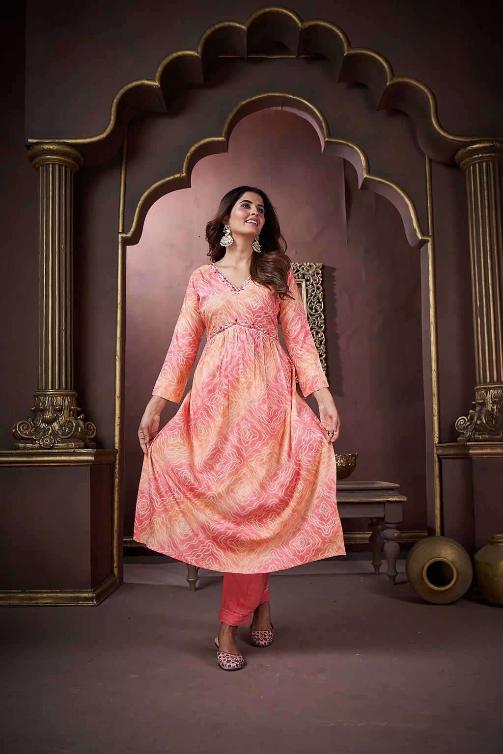 Peach Handwork Kurta Set with Pant & Dupatta