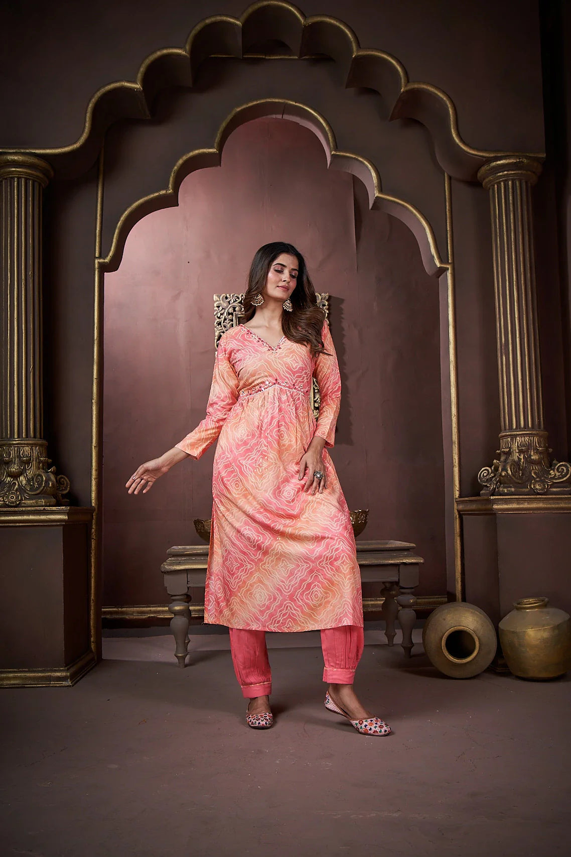 Peach Handwork Kurta Set with Pant & Dupatta