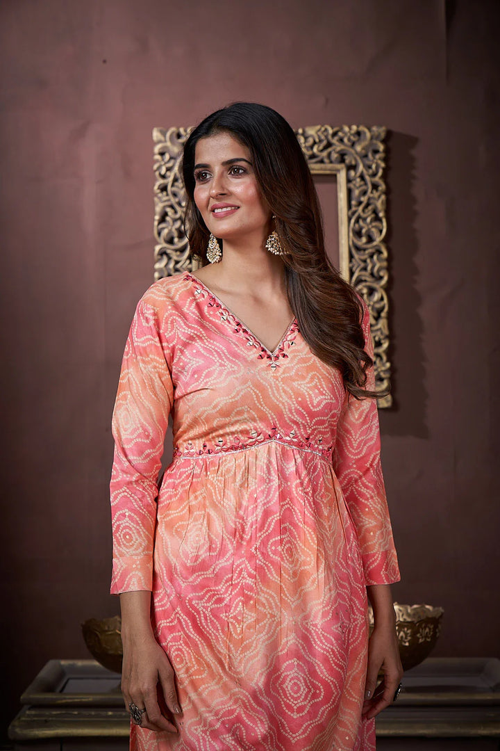 Peach Handwork Kurta Set with Pant & Dupatta - qivii