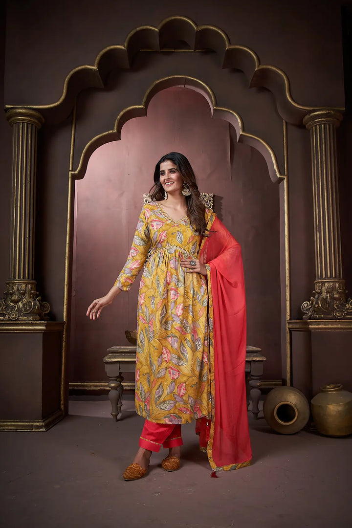Mustard Yellow Handwork Kurta Set with Pant & Dupatta - qivii