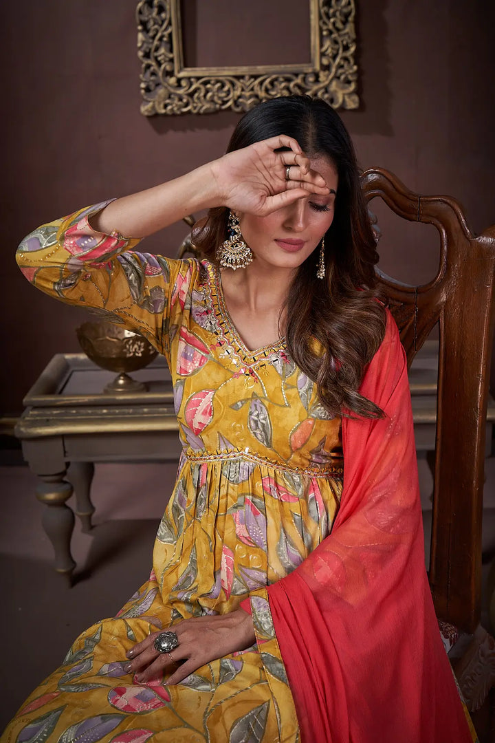 Mustard Yellow Handwork Kurta Set with Pant & Dupatta - qivii